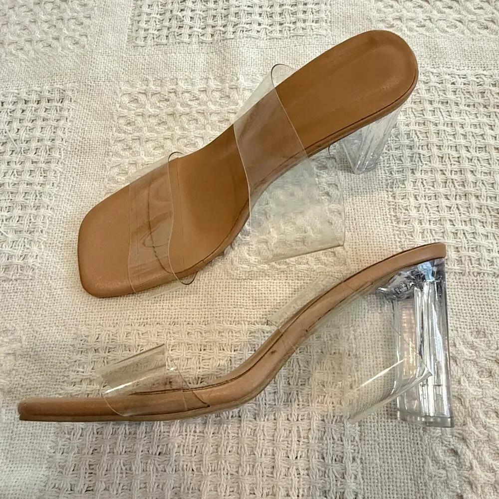 women's 39 rubber clear double strap square toe heels sandal 3089